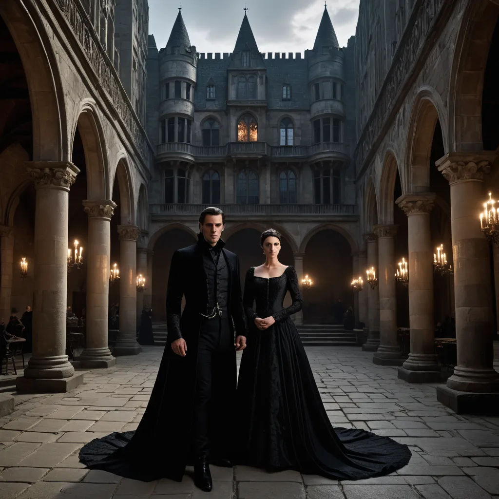 a man and a woman in formal wear standing in a castle courtyard at night with lights on the ceiling, gothic art, a detailed matte painting, Dirk Crabeth, neo-gothic