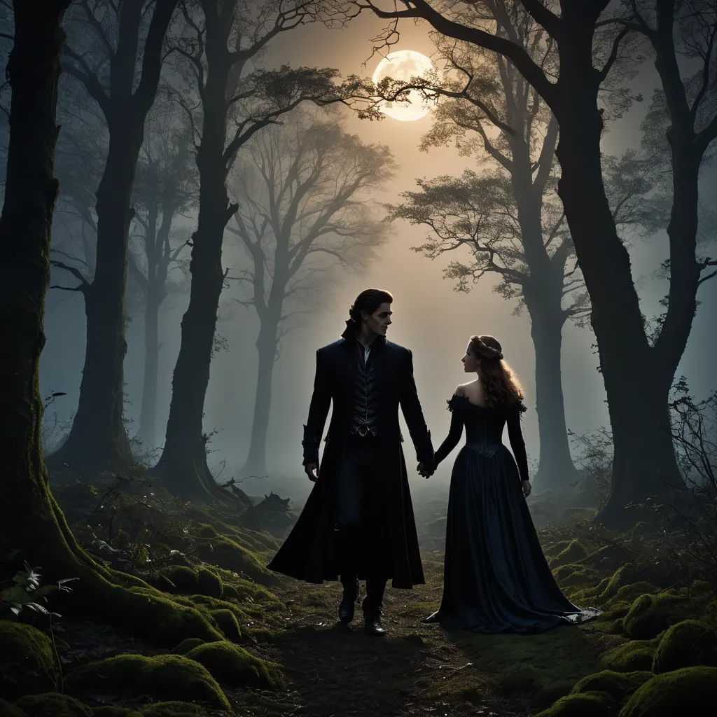 a man and a woman holding hands in a forest at night with the moon in the background and trees, neo-romanticism, a matte painting, Dirk Crabeth, dark shadows