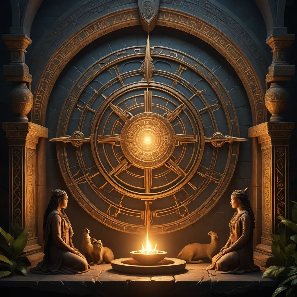 two women sitting on a ledge with a candle in front of them and a large circular design in the background, fantasy art, a detailed matte painting, Christophe Vacher, fantasy artwork
