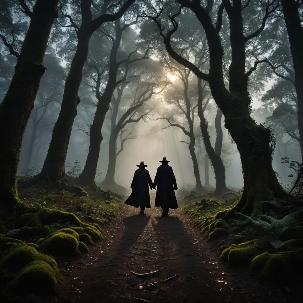 two people in long coats are walking through a forest with trees and moss on the ground and a trail, neo-romanticism, a matte painting, Dirk Crabeth, cinematic photography