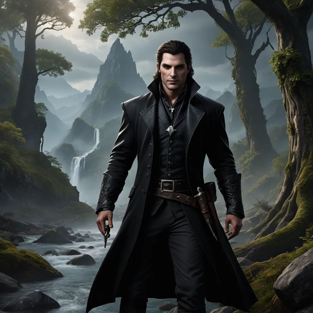 a man in a trench coat holding a gun in a forest with a waterfall in the background and a waterfall in the foreground, fantasy art, a character portrait, Cedric Seaut (Keos Masons), key art