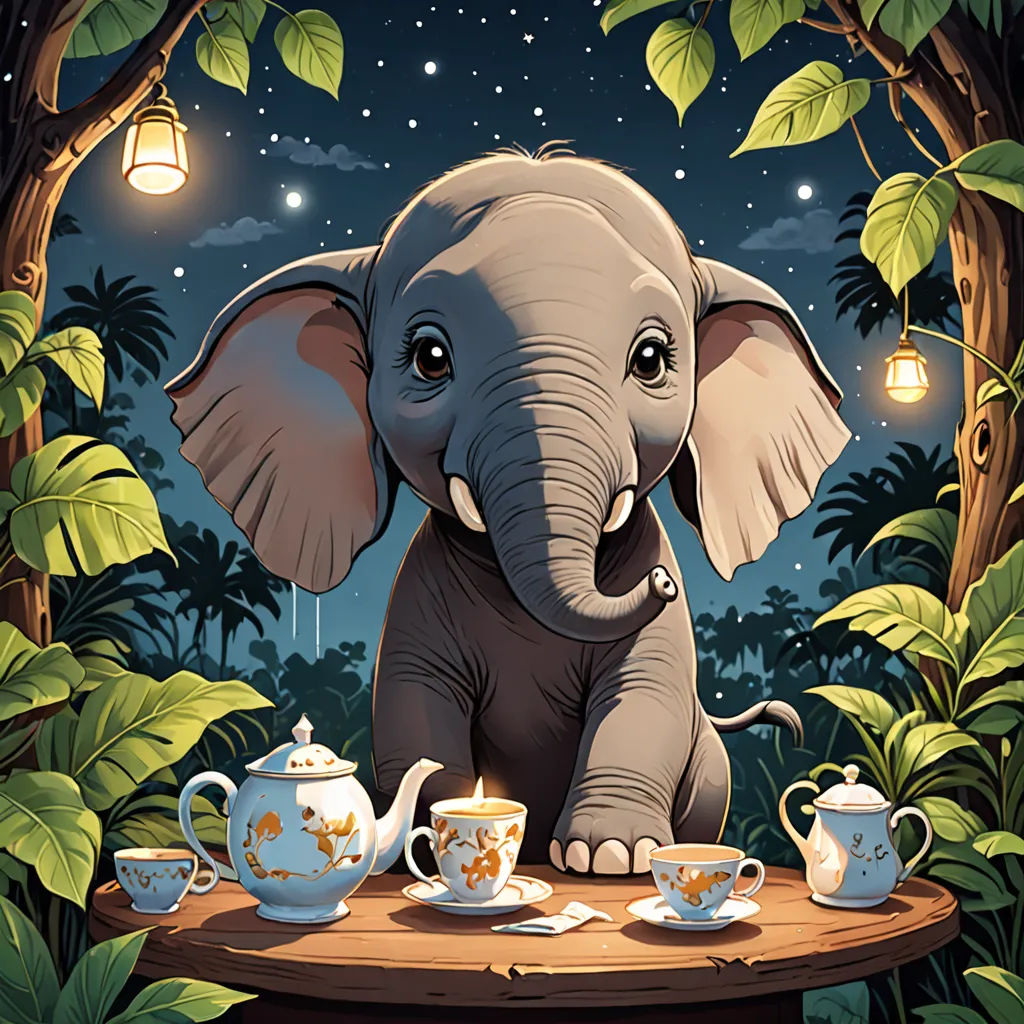a baby elephant sitting at a table with tea cups and tea kettles on it, surrounded by greenery, magical realism, a storybook illustration, Chris LaBrooy, highly detailed digital painting