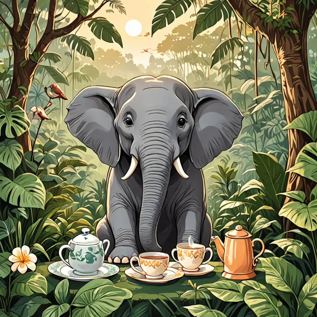 a painting of an elephant sitting in the jungle with a teapot and cup of tea on a table, magical realism, a storybook illustration, Chris LaBrooy, storybook illustration