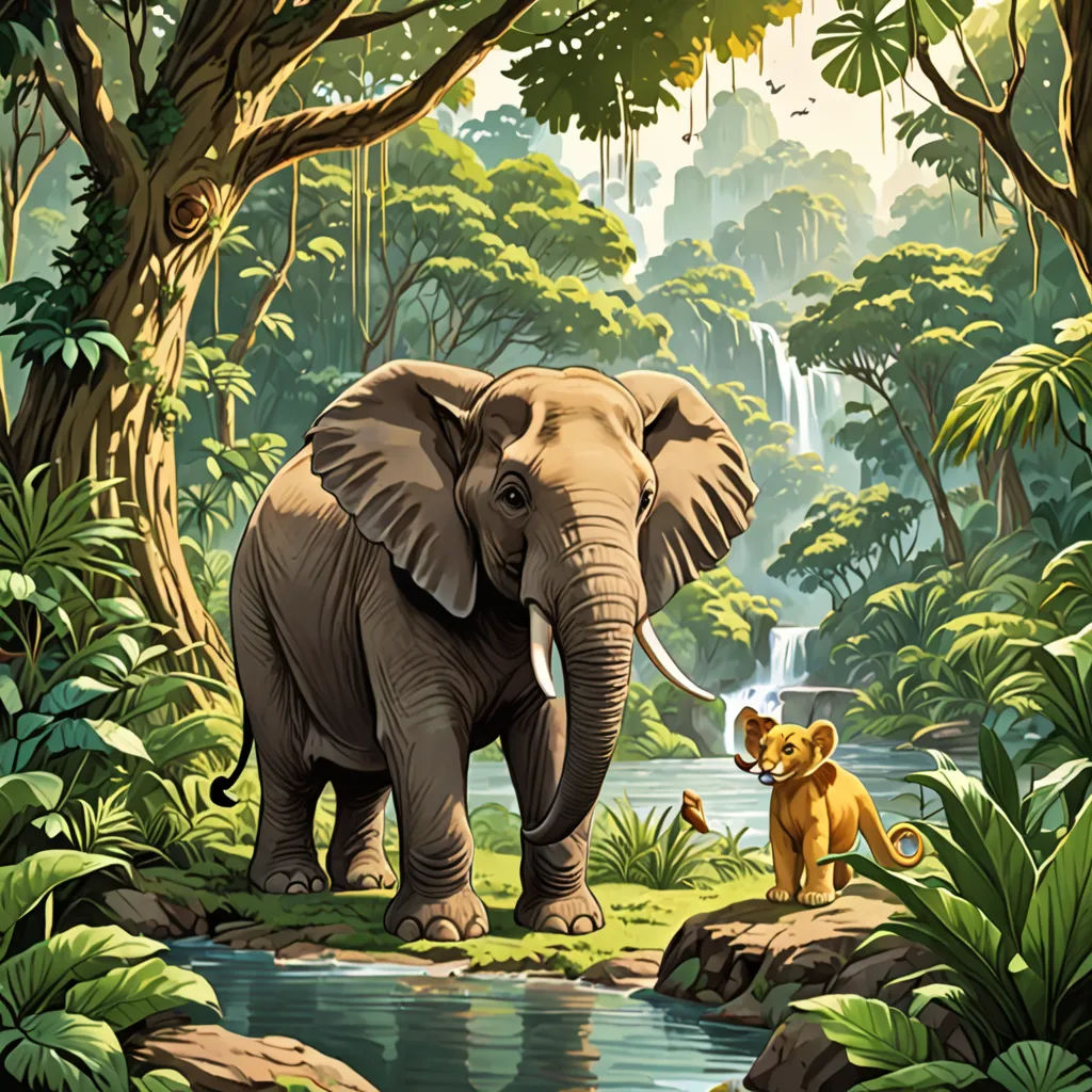 a painting of an elephant and a lion in a jungle setting with a waterfall in the background and trees, fantastic realism, a storybook illustration, Chris LaBrooy, jungle