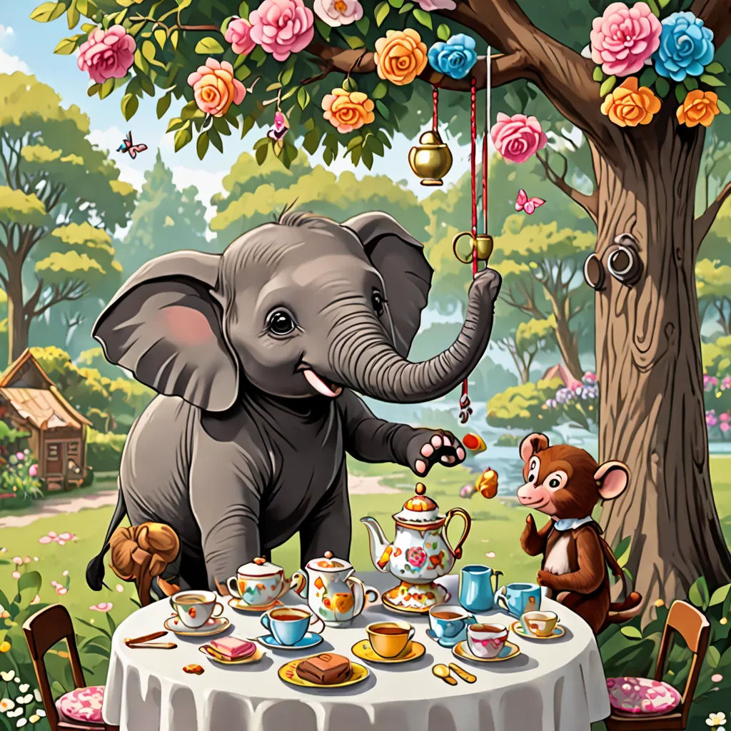 Next, Ellie invited Mia, the monkey. She swung from her tree and landed next to Ellie. 'A tea party? That sounds fun!' Mia cheered, accepting the invitation.