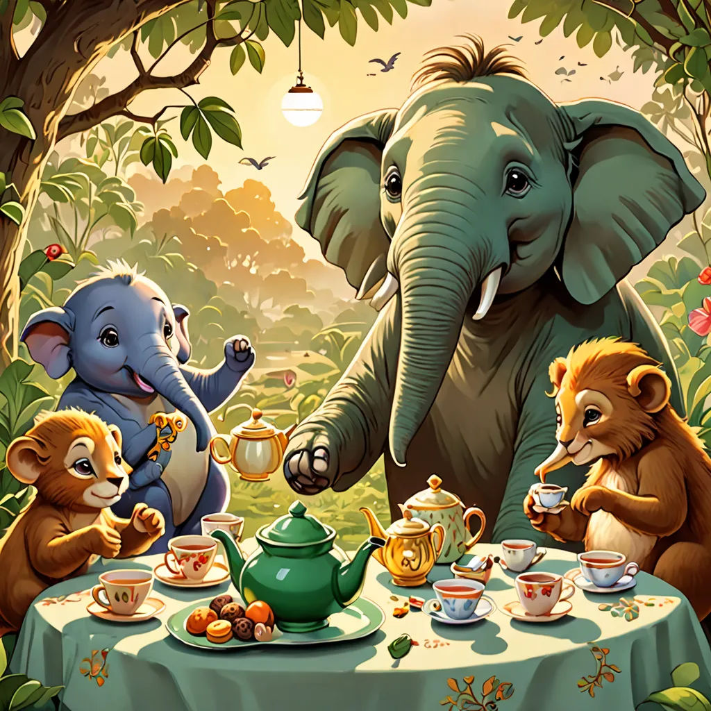 a painting of a tea party with elephants and bears around a table with tea cups and teapots, fantastic realism, a storybook illustration, Chris LaBrooy, storybook illustration