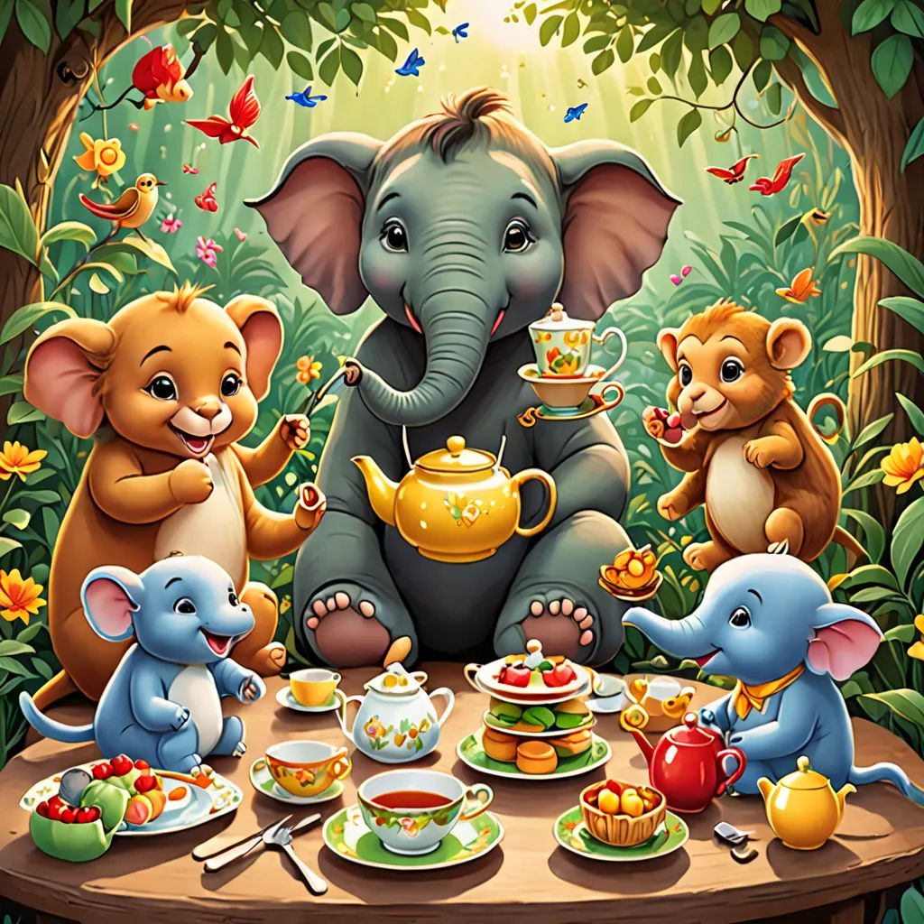a painting of a tea party with elephants and mice around a table with tea cups and teapots, magic realism, a storybook illustration, Chris LaBrooy, storybook illustration
