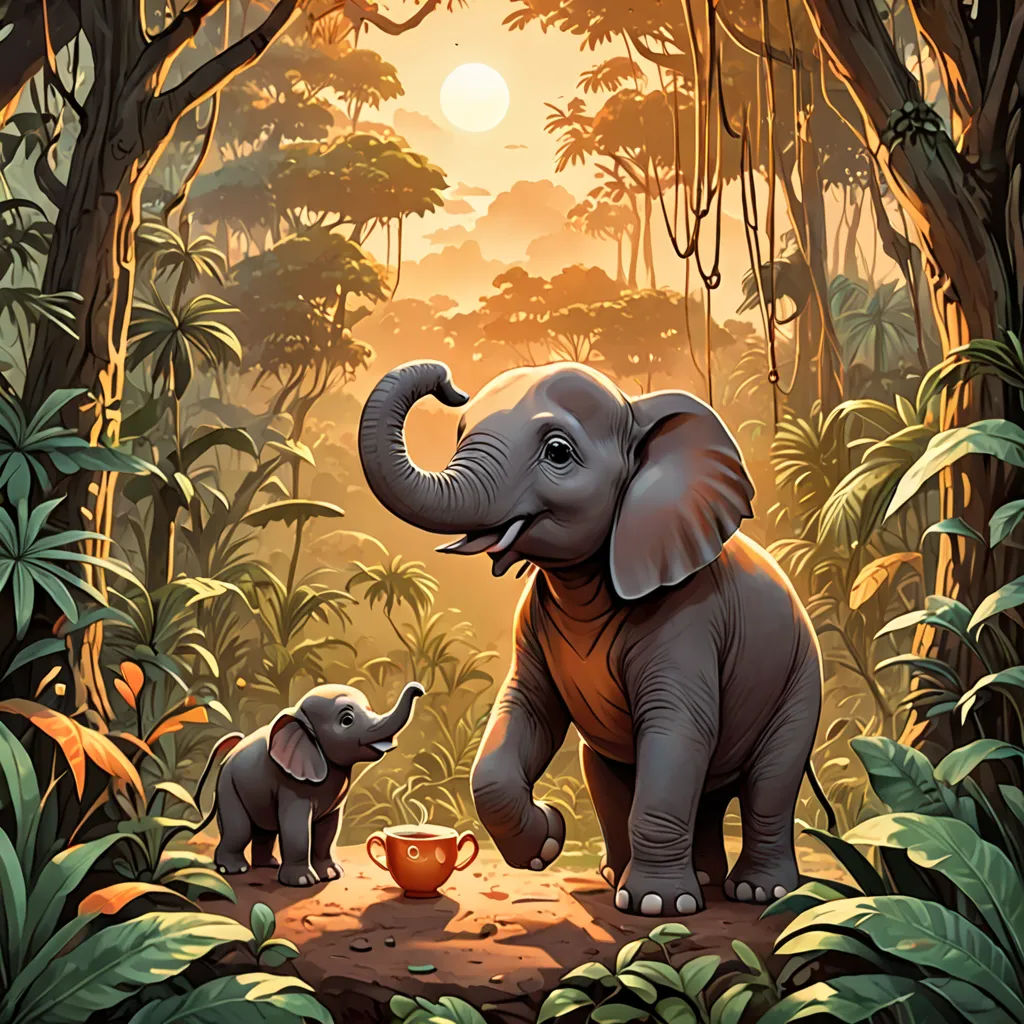 a baby elephant standing next to an adult elephant in a forest with a bowl of food in its trunk, fantasy art, a storybook illustration, Chris LaBrooy, official art