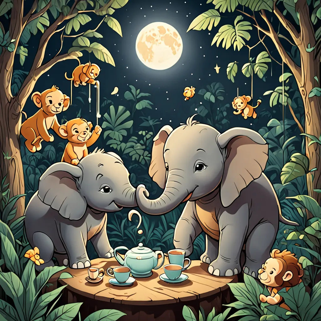 a couple of elephants that are standing in the grass with a tea pot and cup in front of them, fantasy art, a storybook illustration, Chris LaBrooy, storybook illustration
