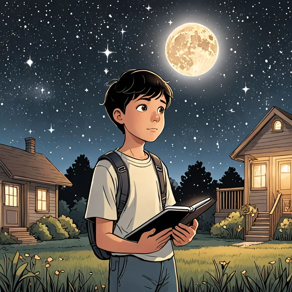 a boy is standing in front of a house and holding a book in his hands and a full moon in the sky, space art, a storybook illustration, Asaf Hanuka, storybook illustration