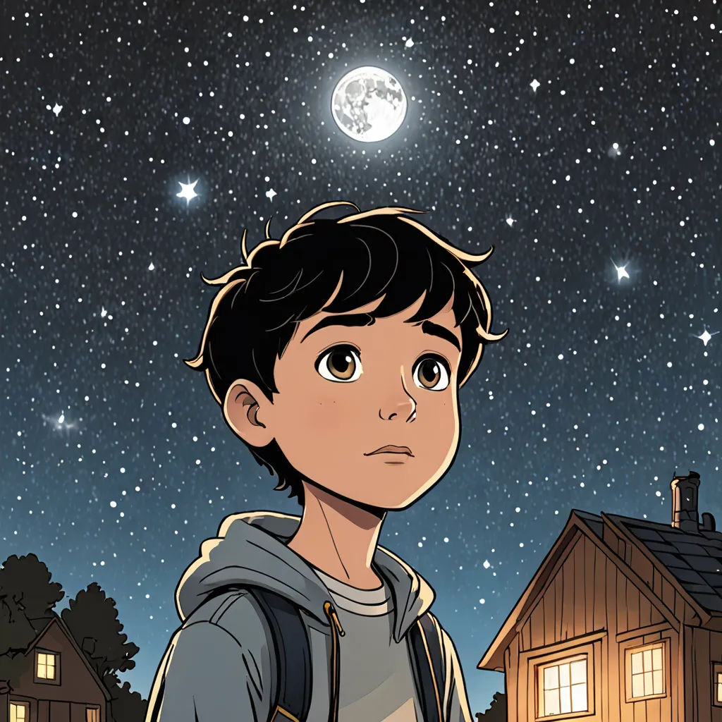 a boy in a hoodie looking at the stars in the sky above him and a house in the background, space art, a comic book panel, Asaf Hanuka, graphic novel