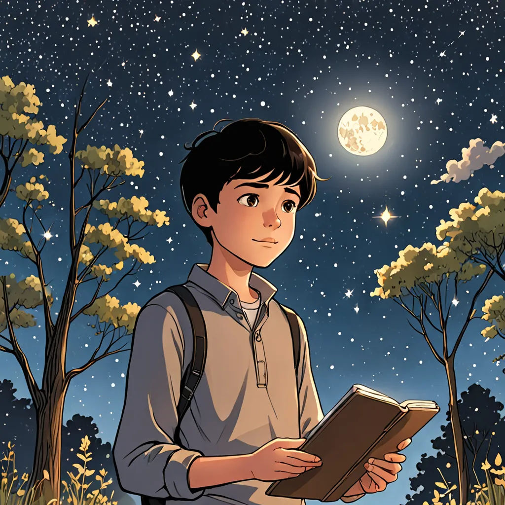a boy is standing in a field with a book in his hands and a full moon in the background, space art, a storybook illustration, Asaf Hanuka, storybook illustration