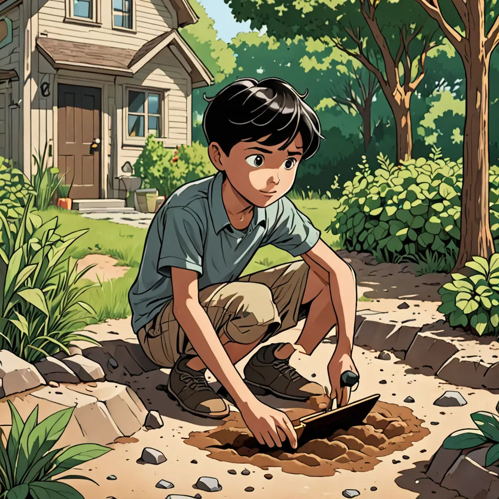 a boy is digging a hole in the ground in front of a house with a dog nearby and a dog looking on, environmental art, a comic book panel, Asaf Hanuka, comic cover art