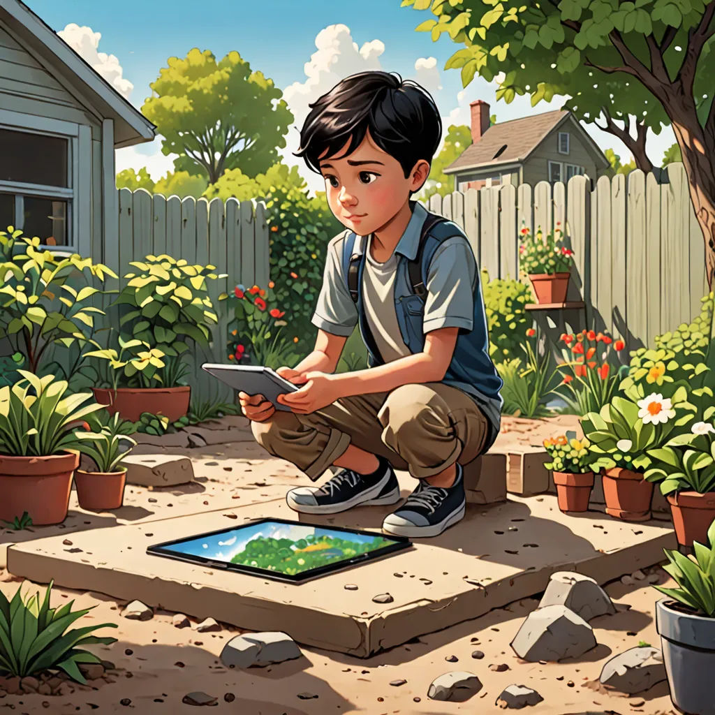 a boy sitting on a block of cement in a garden with a tablet in his hand and a house in the background, american scene painting, a storybook illustration, Chris LaBrooy, highly detailed digital painting
