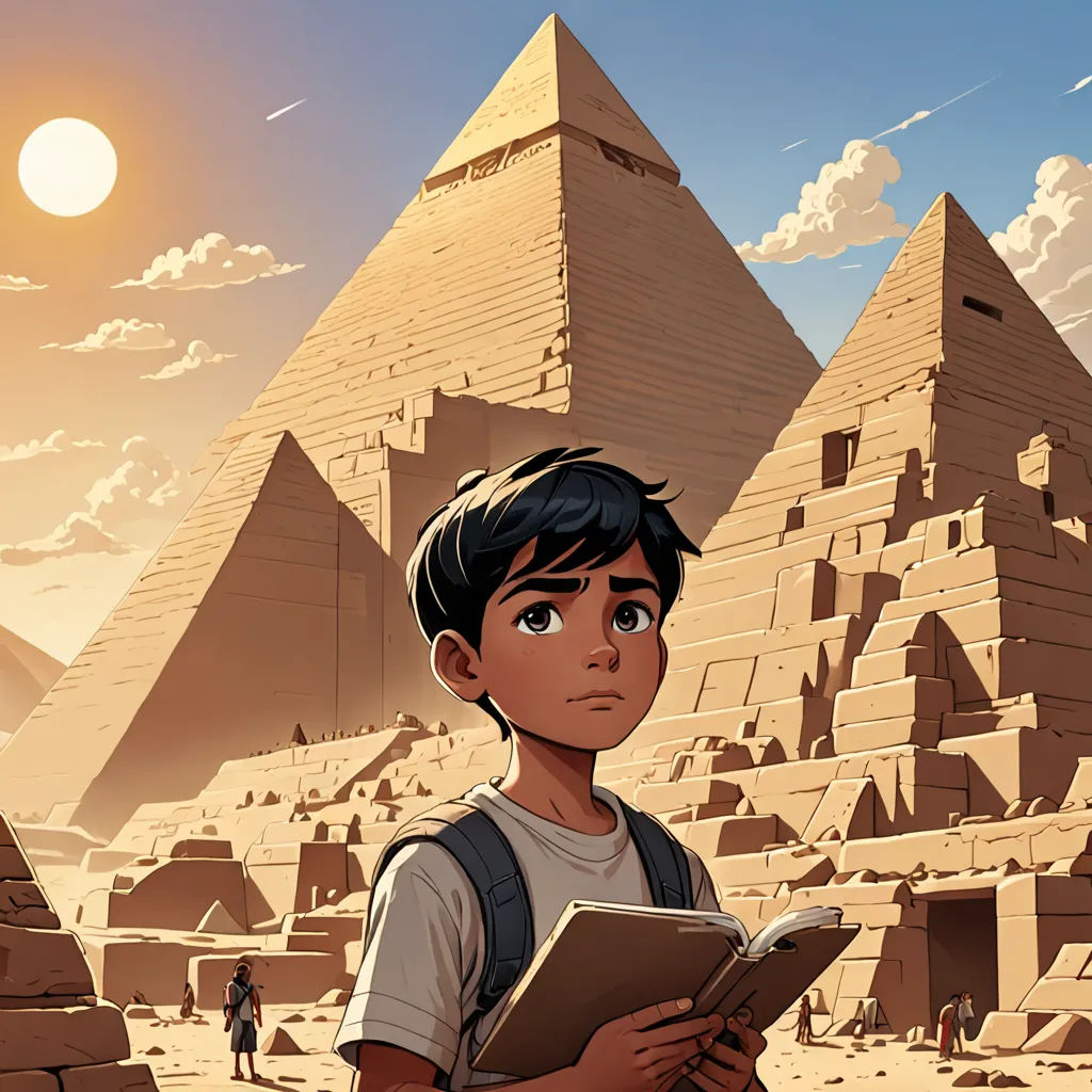 a boy is standing in front of a pyramid with a book in his hands and a book in his hand, paris school, egyptian art, Asaf Hanuka, comic cover art