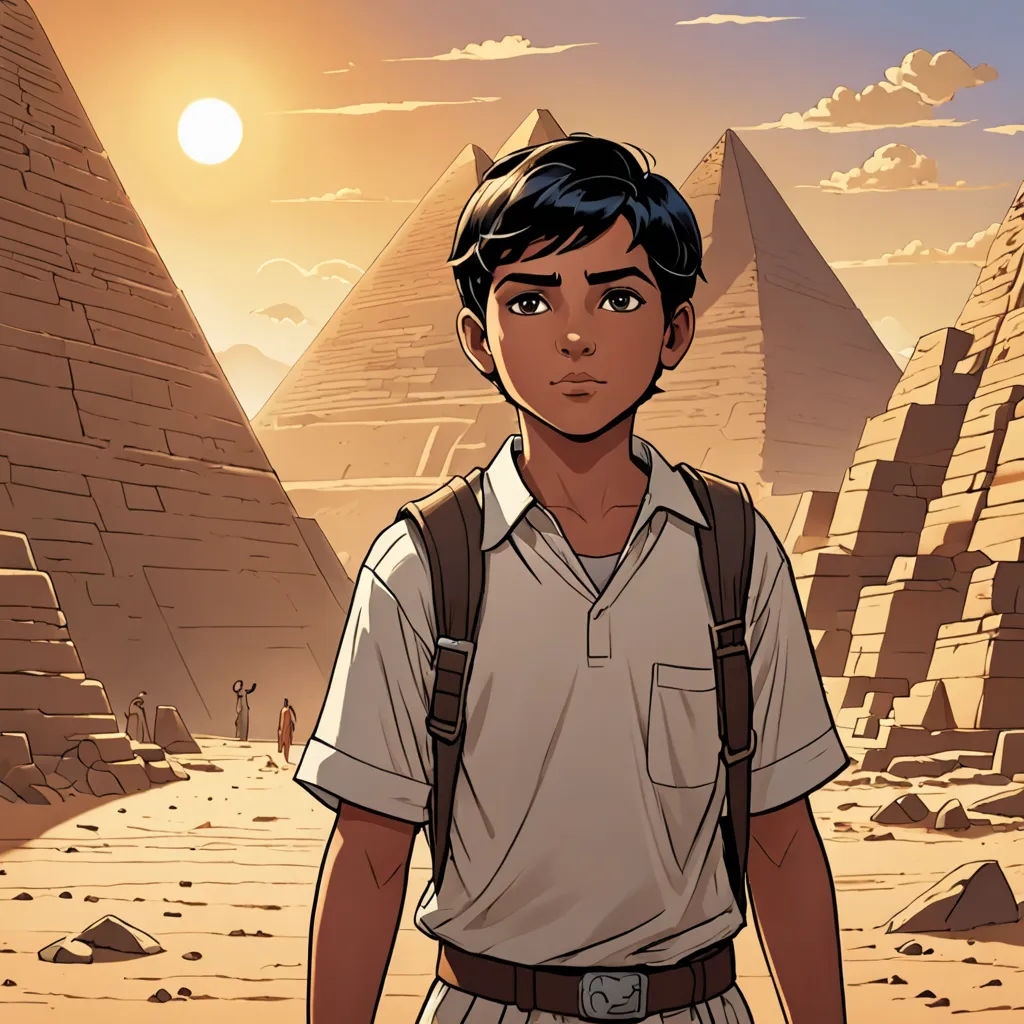 a boy in a white shirt and a backpack standing in front of a pyramids in the desert with a sun in the background, serial art, egyptian art, Asaf Hanuka, comic cover art