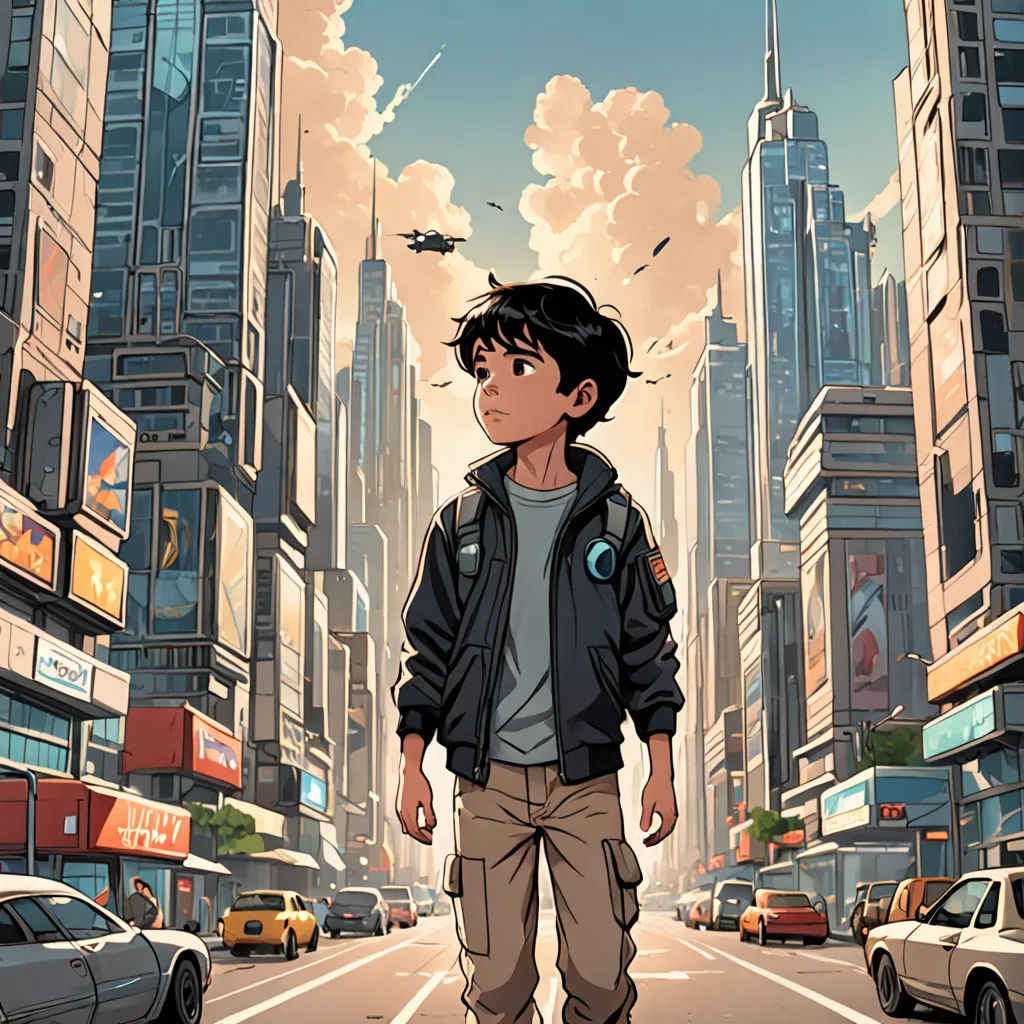 a man standing in the middle of a city street with a helicopter flying overhead in the distance, with a cityscape in the background, retrofuturism, poster art, Asaf Hanuka, yukito kishiro