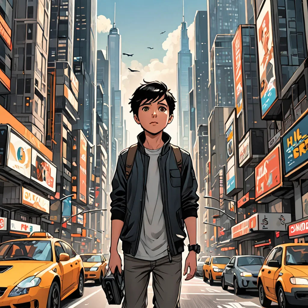 a man walking down a street in a city with tall buildings and taxis on both sides of the street, american scene painting, a comic book panel, Asaf Hanuka, rossdraws global illumination