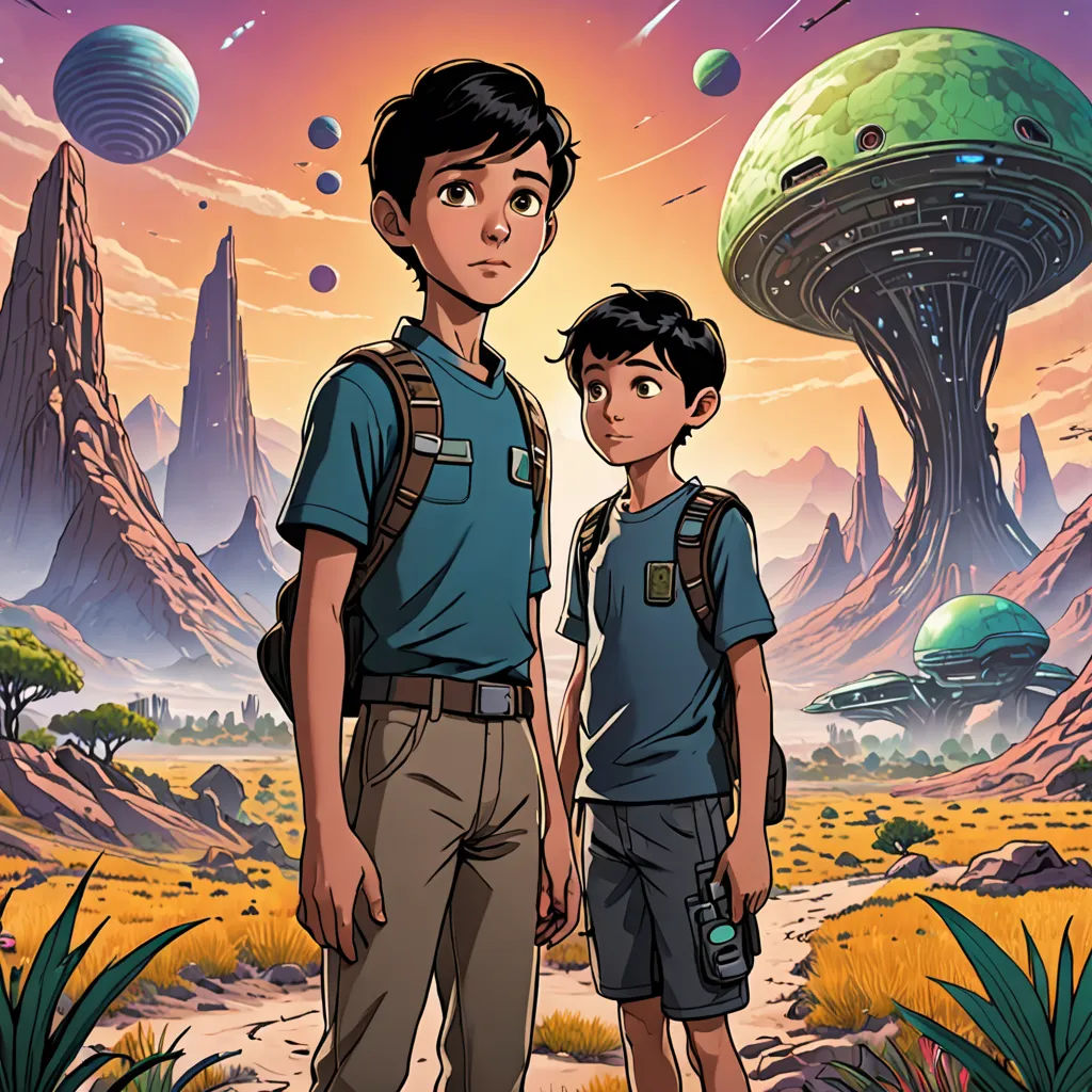 a boy and a boy standing in front of a painting of a space station with a distant landscape in the background, space art, poster art, Cliff Childs, comic cover art