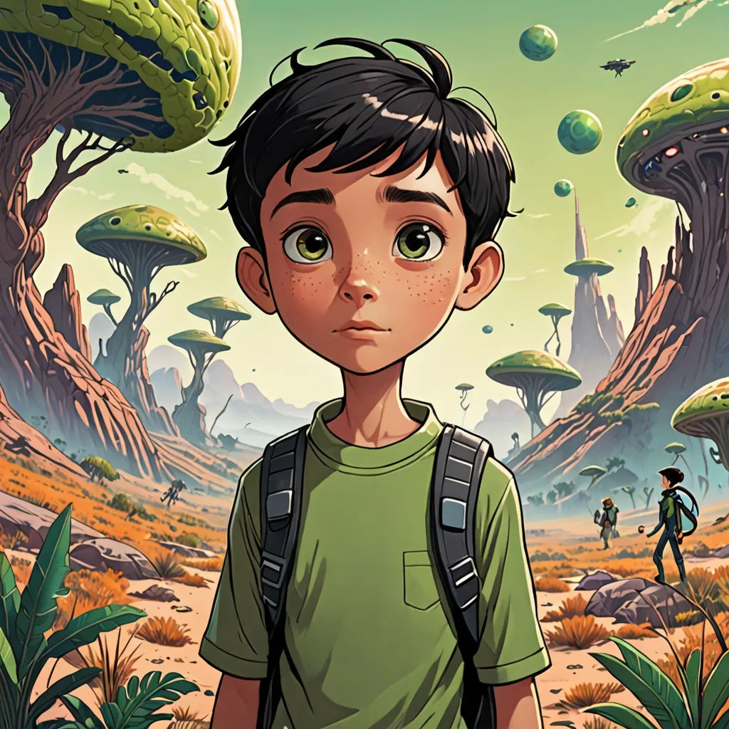 a boy with a backpack standing in front of a forest filled with mushrooms and plants, with a man in the background, fantasy art, poster art, Amir Zand, rossdraws global illumination