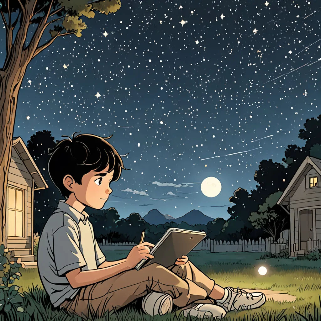 a boy sitting on the grass reading a book under a tree at night with the stars in the sky, space art, a comic book panel, Asaf Hanuka, yukito kishiro