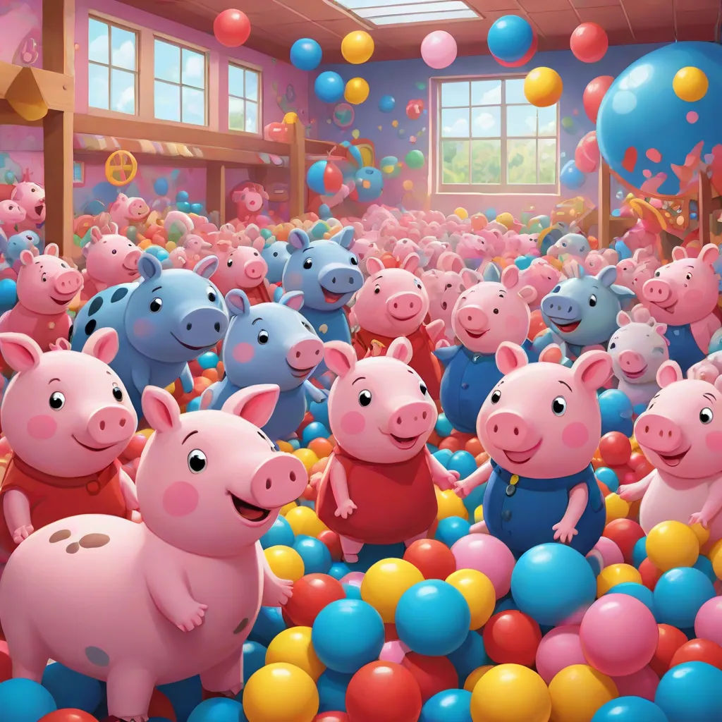 a group of pigs standing in a ball pit with balloons all around them and a window in the background, sots art, concept art, David Young Cameron, promotional image