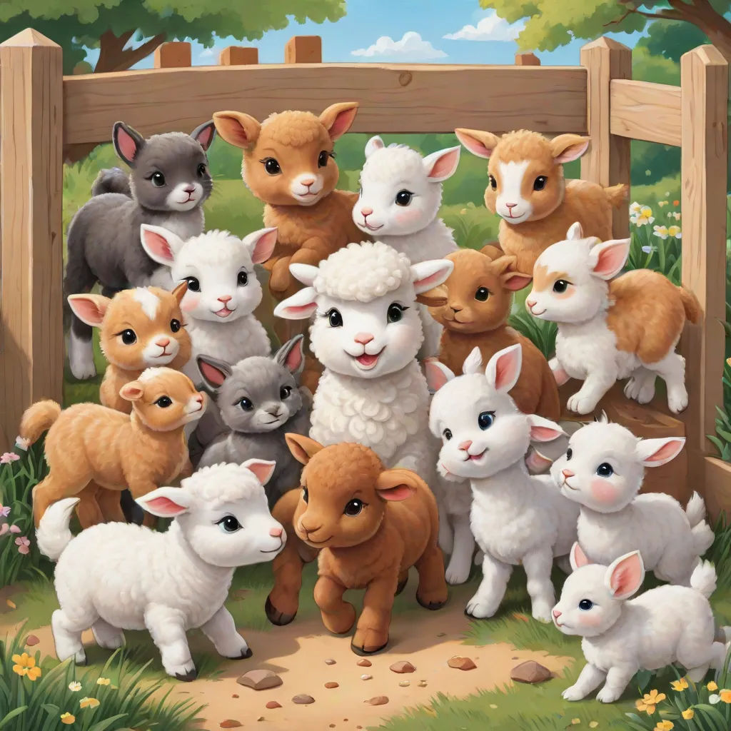 In a corner of the playground, a group of baby animals were being looked after - a playful baby pony, shy white rabbits, a cheerful puppy, a gentle lamb, and curious kittens.