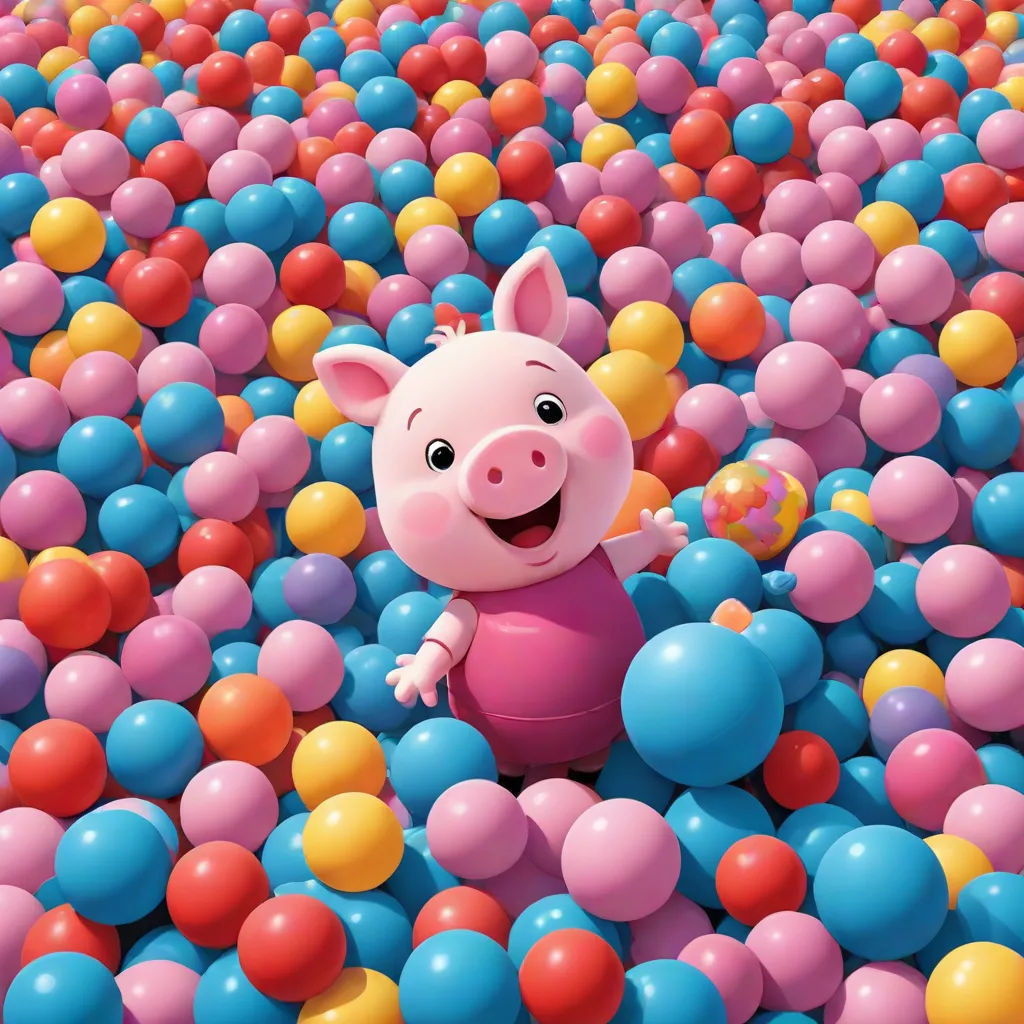 a pig in a ball pit with a lot of balloons around it and a pig in the middle of the ball pit, sots art, a 3D render, David Young Cameron, promotional image