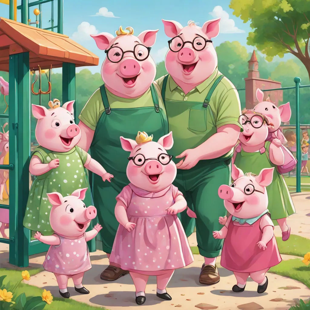 a man and two women with pigs in a park with a playground in the background and a man holding a child, sots art, a storybook illustration, David Park, official art