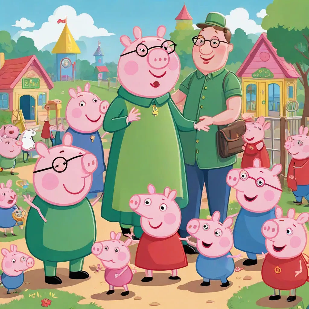 a man and woman standing in front of a group of pigs in a cartoon style scene with a village in the background, primitivism, a storybook illustration, Avgust Černigoj, promotional image