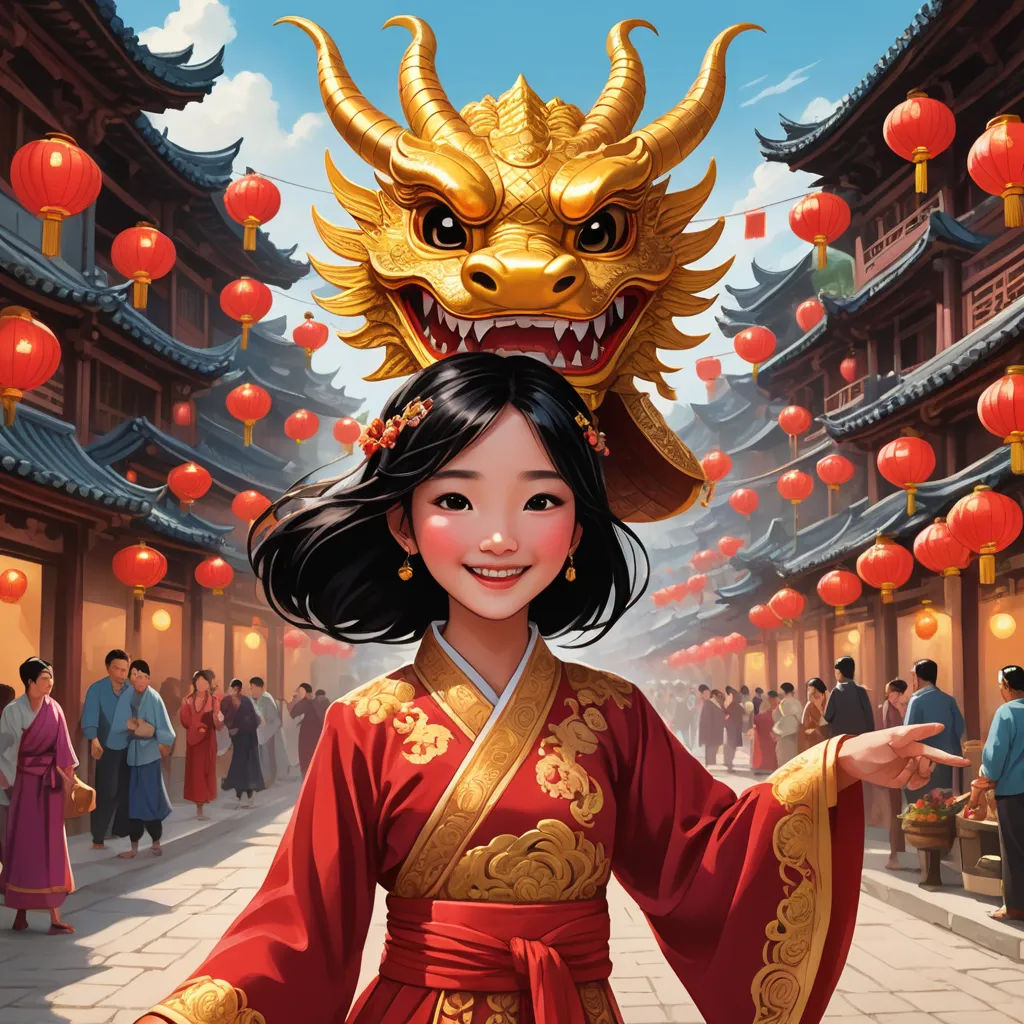 a woman in a red dress with a dragon head on her head and a dragon on her head, in front of a chinese temple, cloisonnism, a storybook illustration, Drew Struzan, rossdraws global illumination
