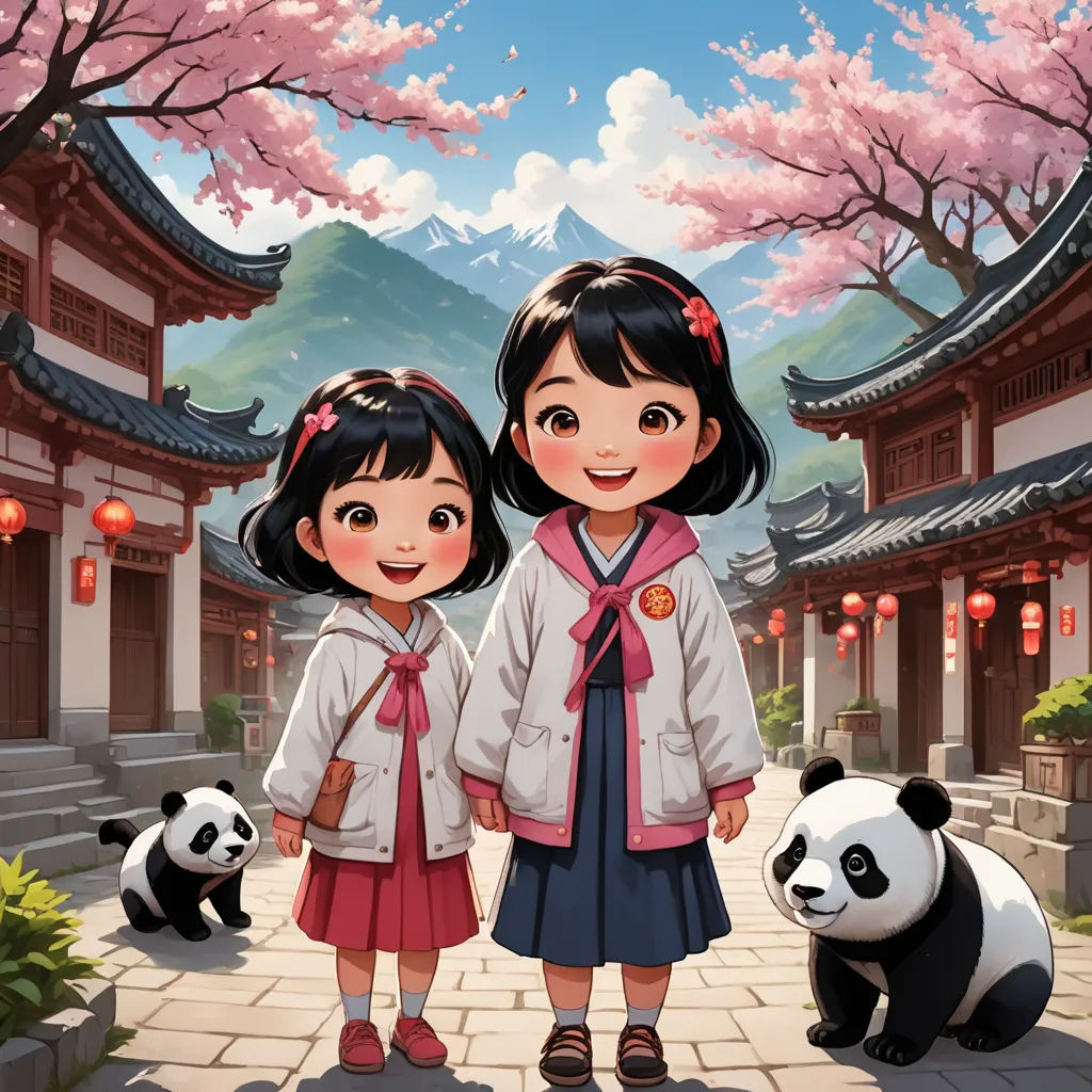 two asian girls standing in front of a panda bear in a park with cherry blossom trees and a mountain in the background, lyco art, a storybook illustration, Chen Lin, official art
