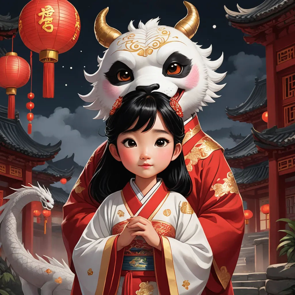 a girl in a red and white costume with a dragon on her head and a panda on her head, fantasy art, a storybook illustration, Chen Chun, league of legends splash art