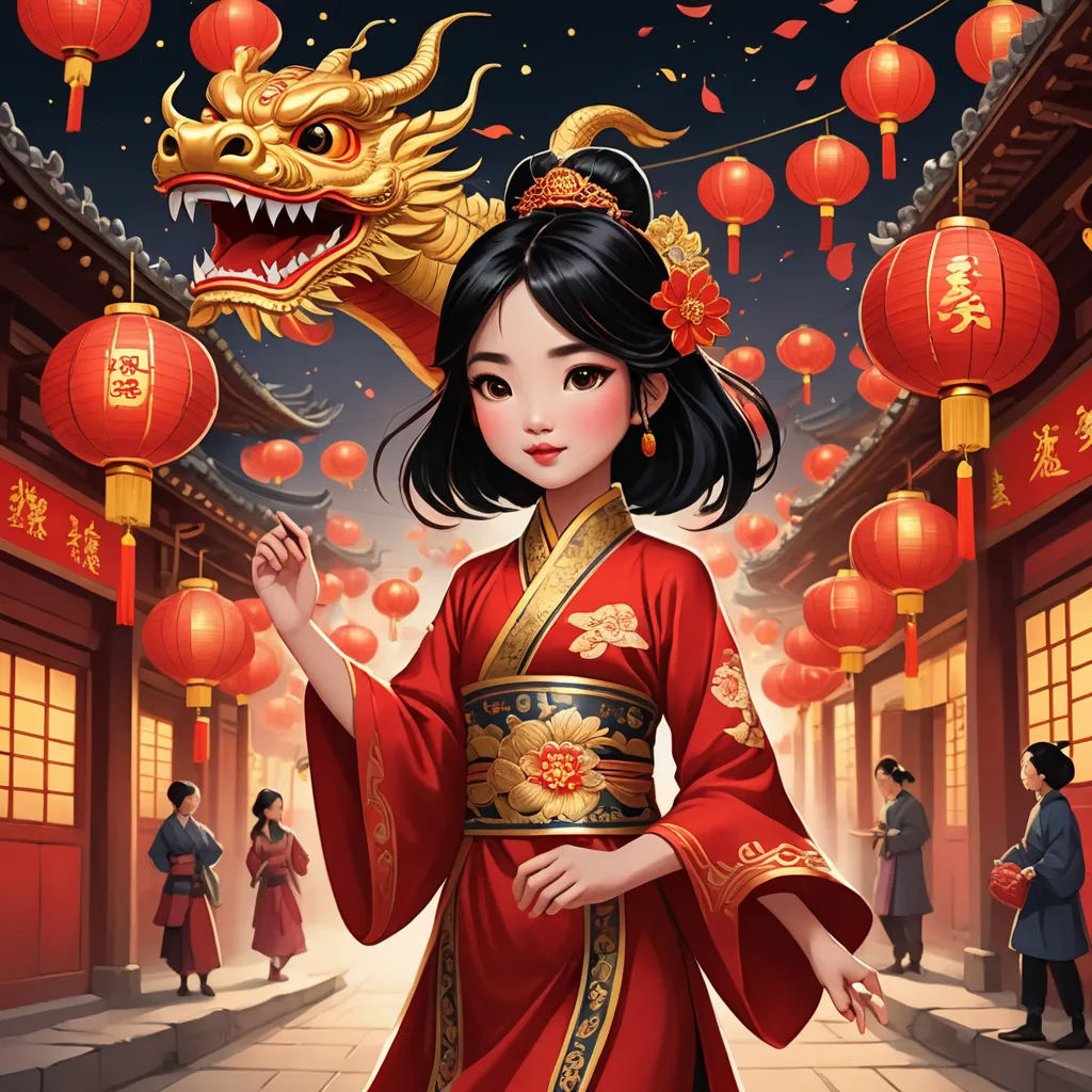 a woman in a red dress holding a dragon head in front of a building with lanterns and lanterns hanging from it, fantasy art, a storybook illustration, Chen Chun, trending on art station