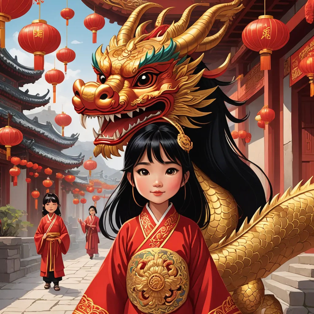 a girl in a red dress and a dragon head on her head, standing in front of a building, fantasy art, a storybook illustration, Drew Struzan, storybook illustration