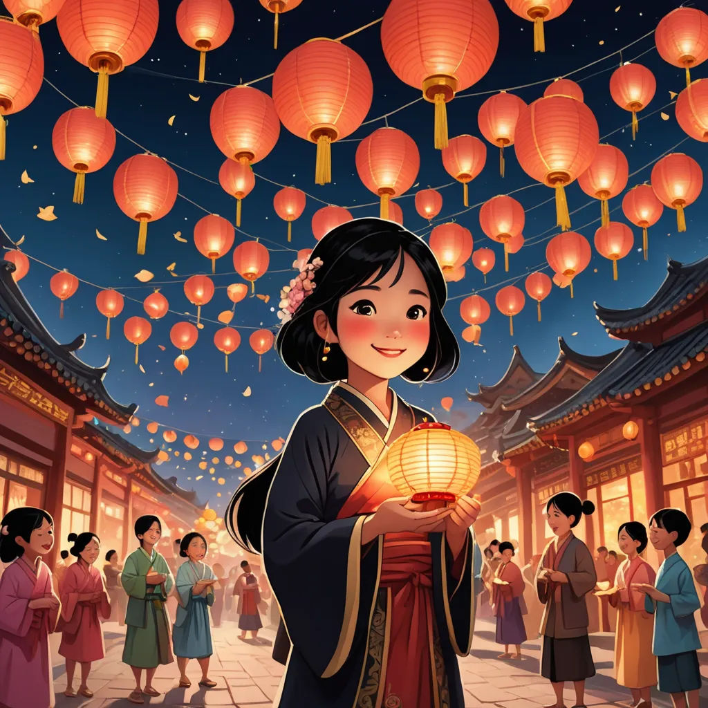 a woman holding a lantern in front of a crowd of people in a chinese temple at night with lanterns hanging from the ceiling, fantasy art, a storybook illustration, Chen Chun, rossdraws global illumination