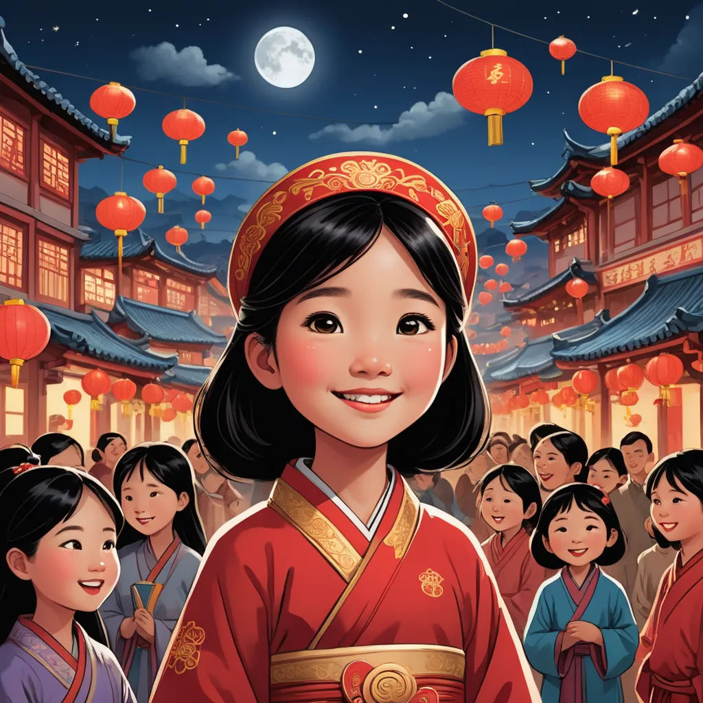 a cartoon of a girl in a chinese dress with a crowd of people behind her and lanterns in the sky, magical realism, a storybook illustration, Chen Lin, promotional image