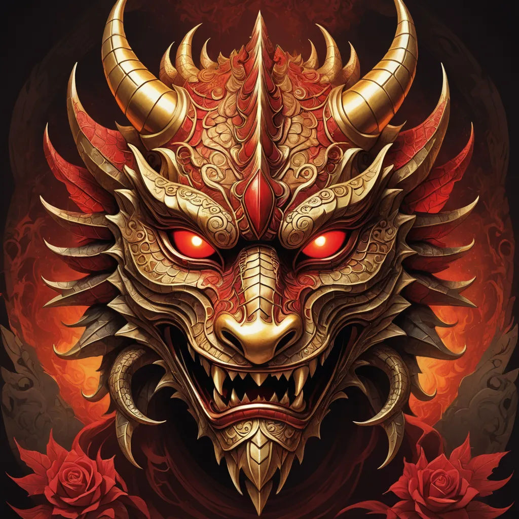 a red and gold dragon mask with red eyes and horns on a black background with roses around it and a red rose, fantasy art, a detailed painting, Anne Stokes, highly detailed digital painting