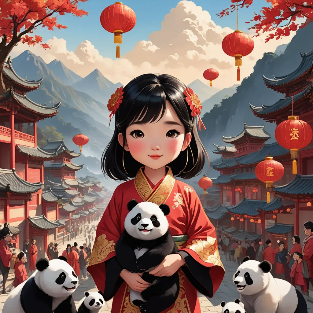 a girl holding a panda in front of a group of pandas in a chinese landscape with lanterns and lanterns, cloisonnism, a storybook illustration, Chen Lin, trending on art station