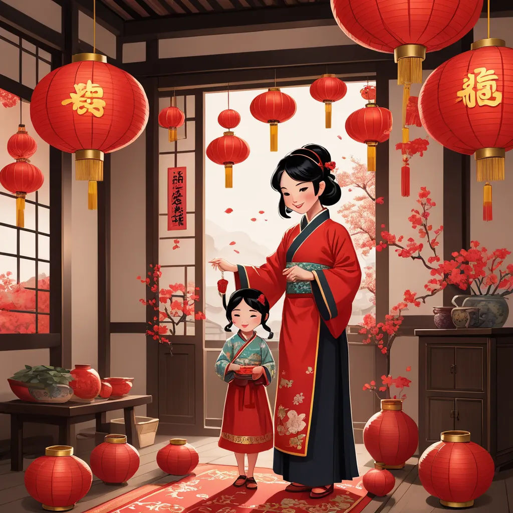 a woman and a child standing in a room with oriental lanterns hanging above them and a red carpet on the floor, fantasy art, a storybook illustration, Chen Chun, trending on art station