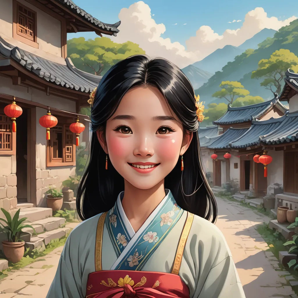 a woman in a traditional chinese dress standing in front of a building with a mountain in the background and a red ribbon around her neck, cloisonnism, a storybook illustration, Chen Hong, trending on art station