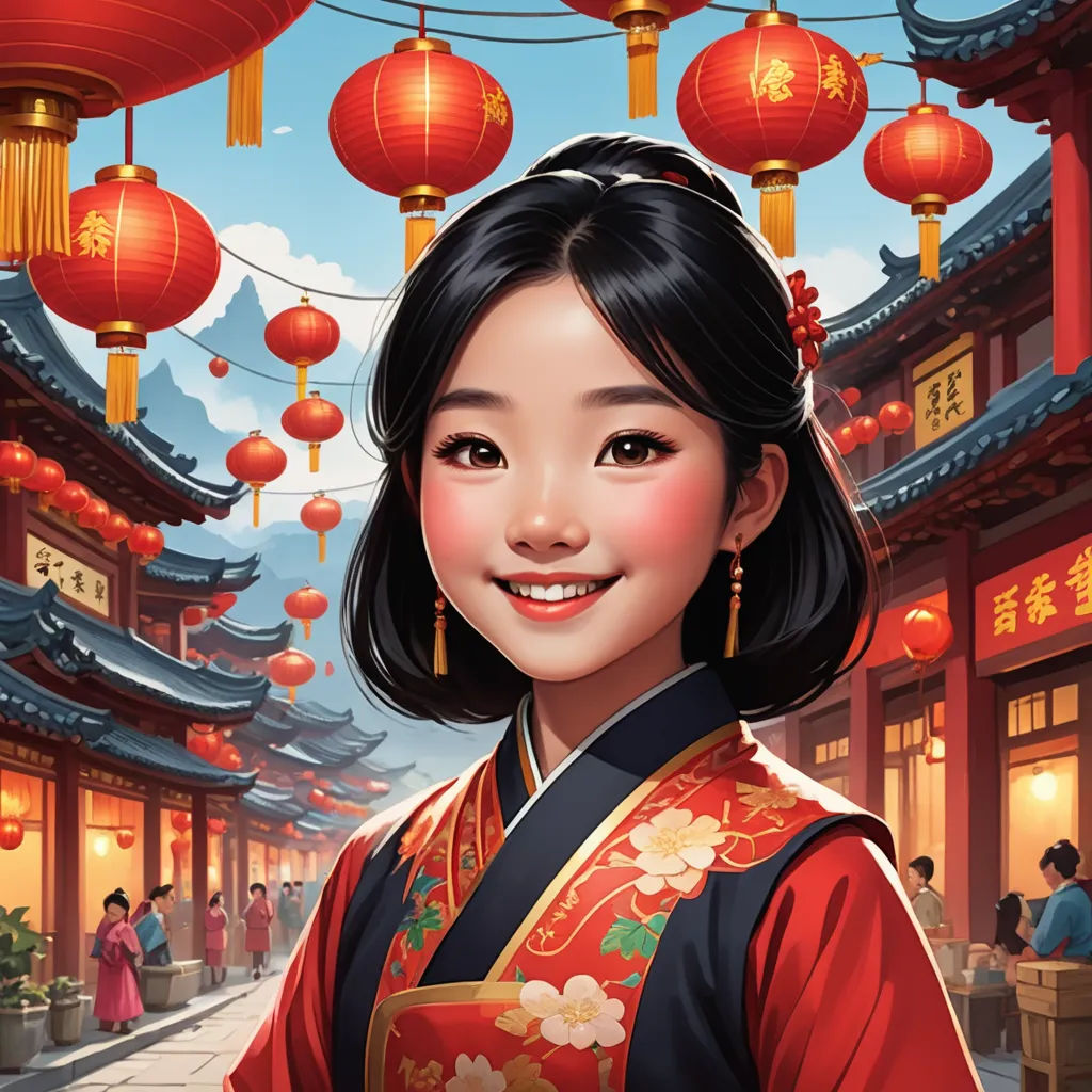 a woman in a red dress standing in front of a building with lanterns hanging from it's ceiling, cloisonnism, a storybook illustration, Chen Hong, stanley artgerm lau