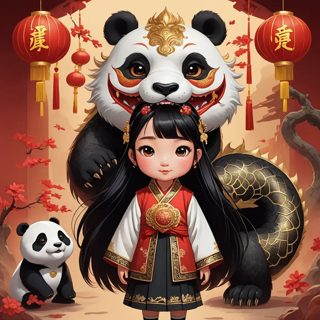 a girl in a chinese costume standing next to a panda bear and a panda bear with lanterns in the background, fantasy art, a storybook illustration, Fan Qi, trending on art station