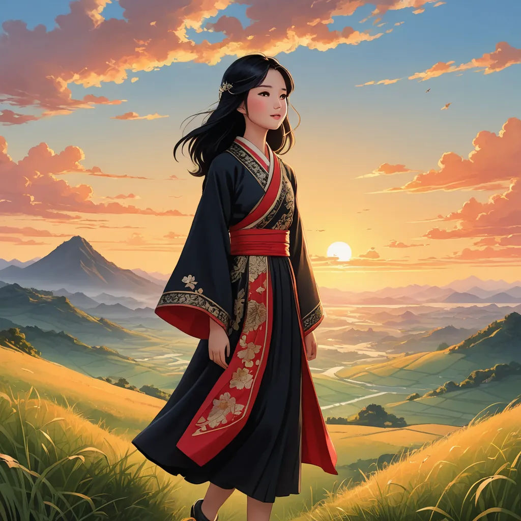 a woman in a kimono standing in a field at sunset with a mountain in the background and a sunset behind her, fantasy art, a storybook illustration, Christophe Vacher, official art