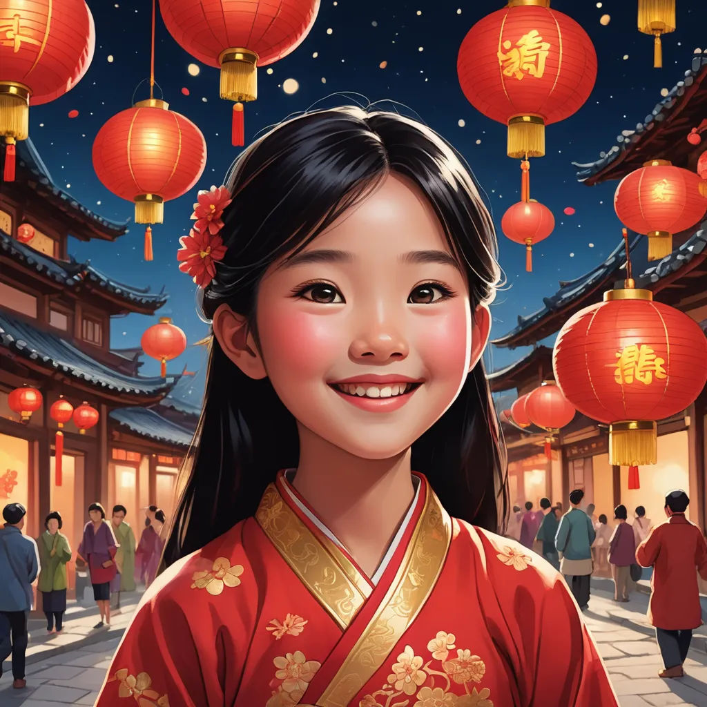a girl in a red dress standing in front of a building with lanterns hanging from it's ceiling, cloisonnism, a storybook illustration, Drew Struzan, rossdraws global illumination