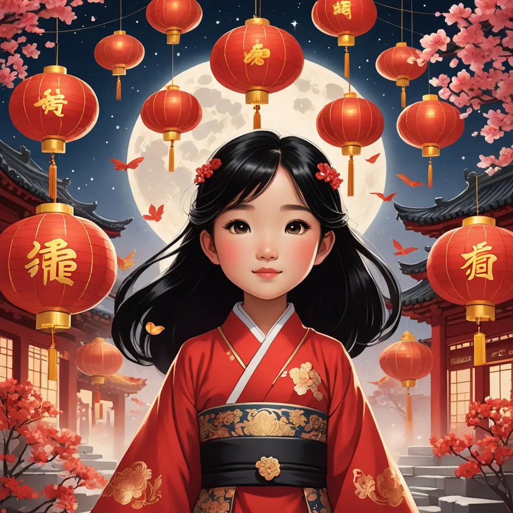 a woman in a red kimono standing in front of a full moon and lanterns with a full moon behind her, fantasy art, a storybook illustration, Chen Chun, trending on art station