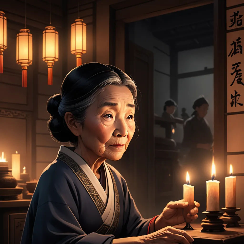 a woman holding a lit candle in front of a window with chinese writing on it and a man in the background, ukiyo-e, a character portrait, Byeon Sang-byeok, game art