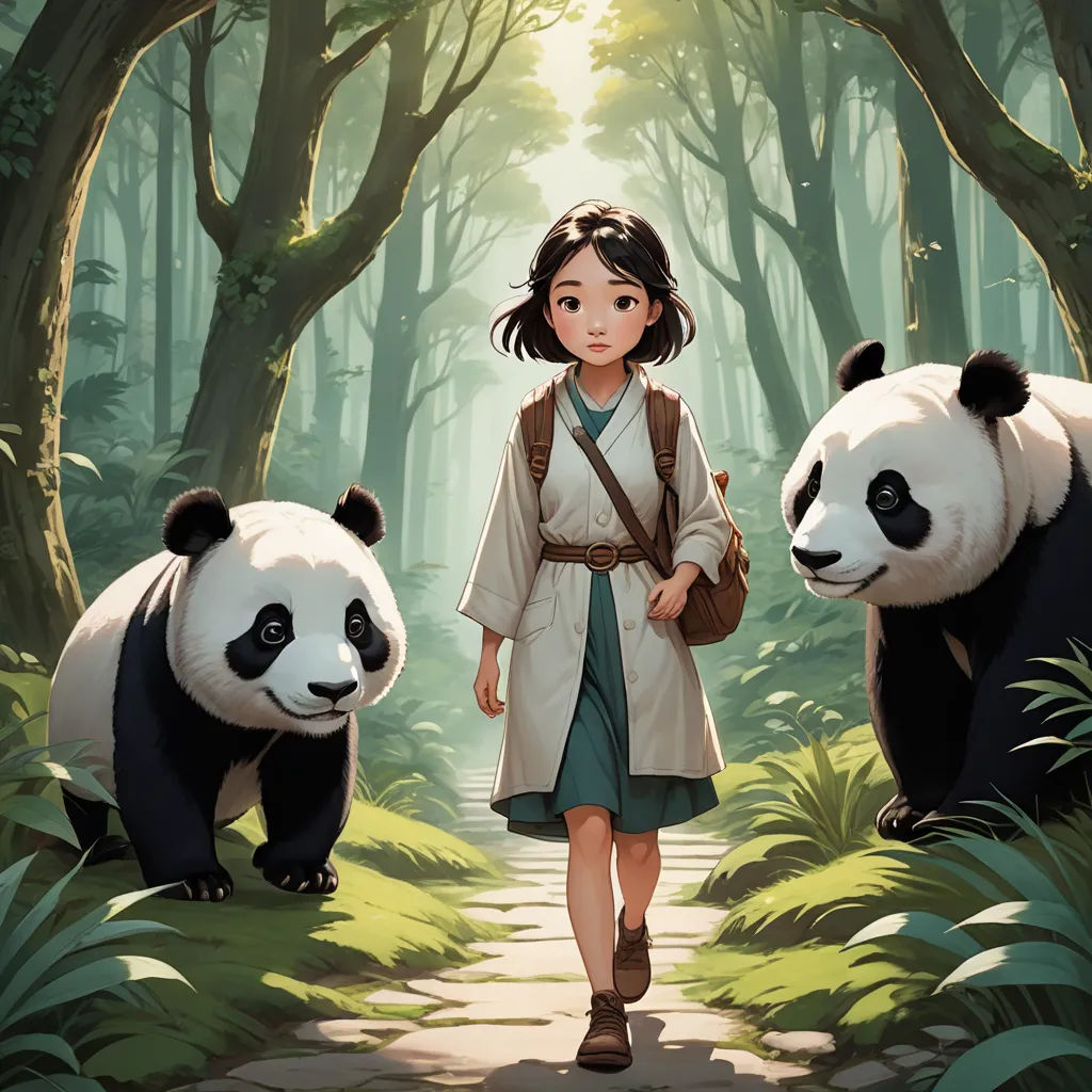 a girl in a white dress and pandas in the woods with trees and grass behind her, and a woman in a brown dress and white coat with a brown belt, fantasy art, a storybook illustration, Drew Struzan, official art
