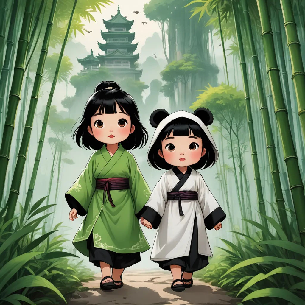 two asian girls walking through a bamboo forest with a pagoda in the background and a pagoda in the background, fantasy art, a storybook illustration, Chen Chun, trending on art station