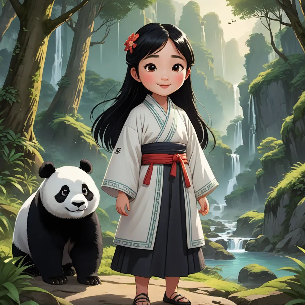 a girl in a kimono standing next to a panda bear in a forest with waterfalls and rocks, fantasy art, a character portrait, Chen Lin, official art